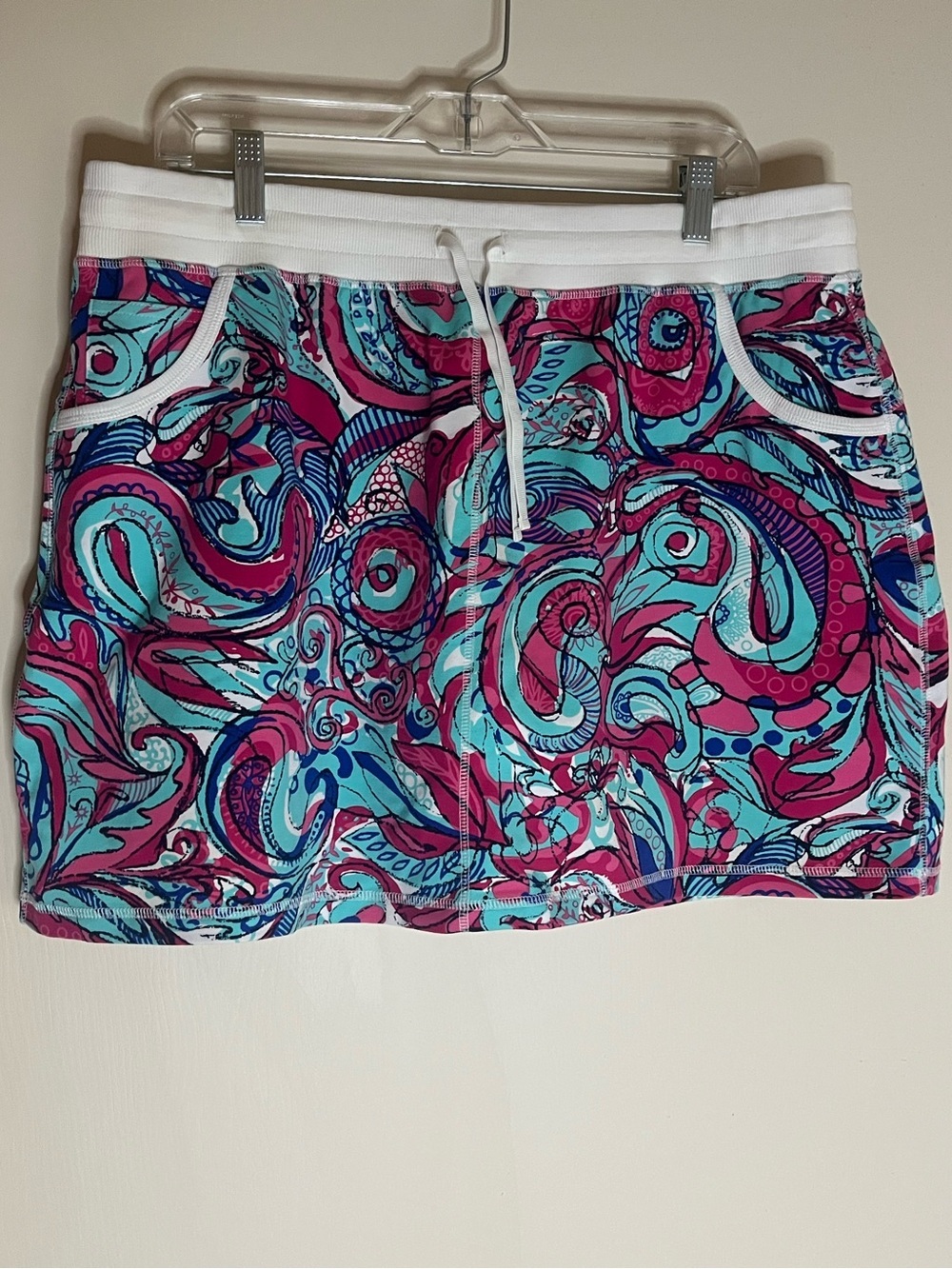 Talbots Pink and Teal Printed Mini Skort with White Drawstring
